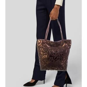 Carlos Falchi Tote Brown Suede Animal Print Silver-Tone Hardware Bag